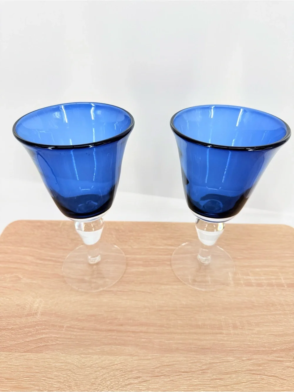 Cobalt Blue Water Wine Goblets Set of 2 Hand Blown Glass Drinkware Coastal